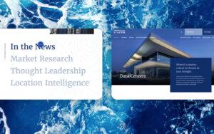 Two overlapping website screens on a blue ocean water background; left screen shows text about market research and news, right shows a modern building labeled Data Centers with a quote about mission-critical services.